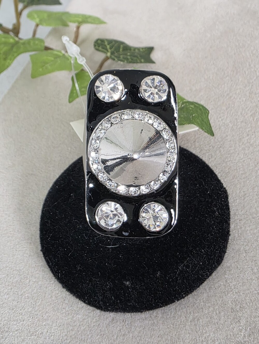Silver Black Enamel Spike Statement Stretch Ring with Cubic Zirconia